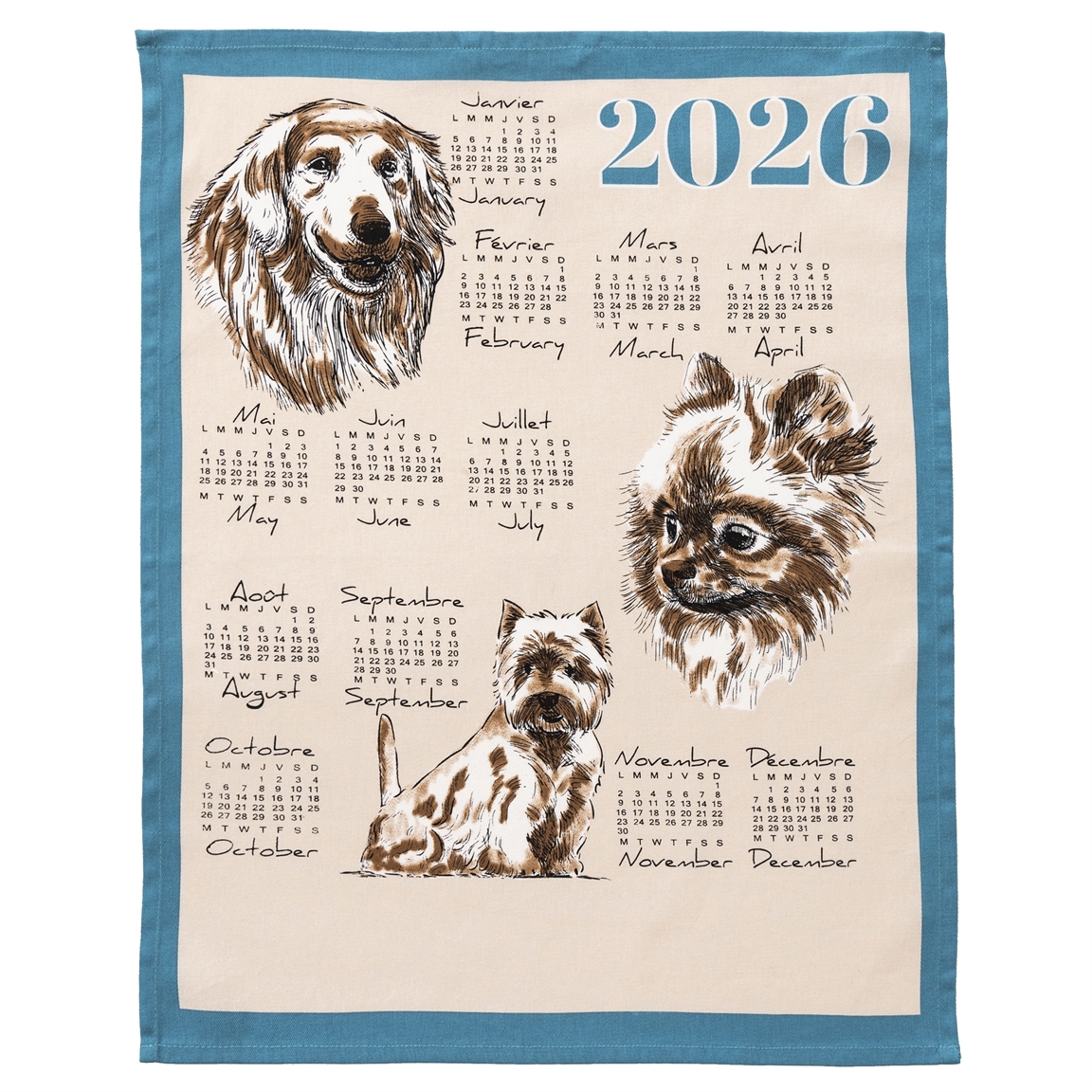 Calendrier 2026 semestriel chiens format portrait