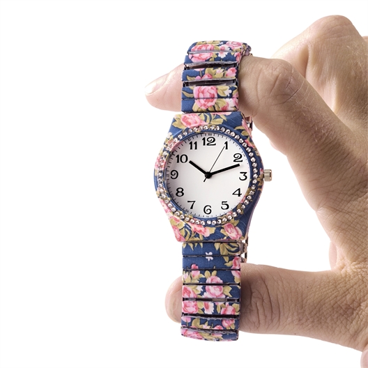 Montre fleurie élastiquée bleue