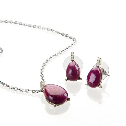 Parure pendentif + boucles d'oreilles goutte bordeaux