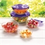 5 glazen bloemetjesschalen met paars deksel