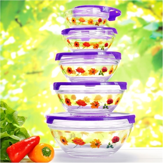 5 floral and purple glass containers