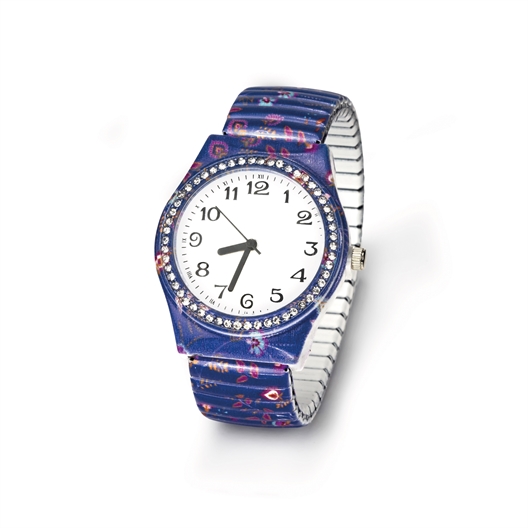 Montre fleurie élastiquée bleue