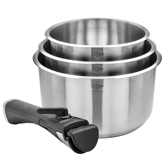 Lot de 3 casseroles inox + manche
