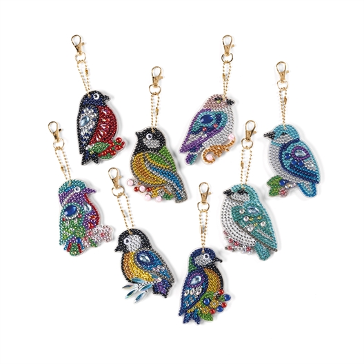 Kit broderie diamant 8 porte-clefs oiseaux