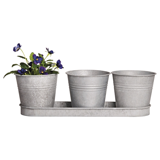 Set de 3 pots de fleurs avec soucoupe en zinc
